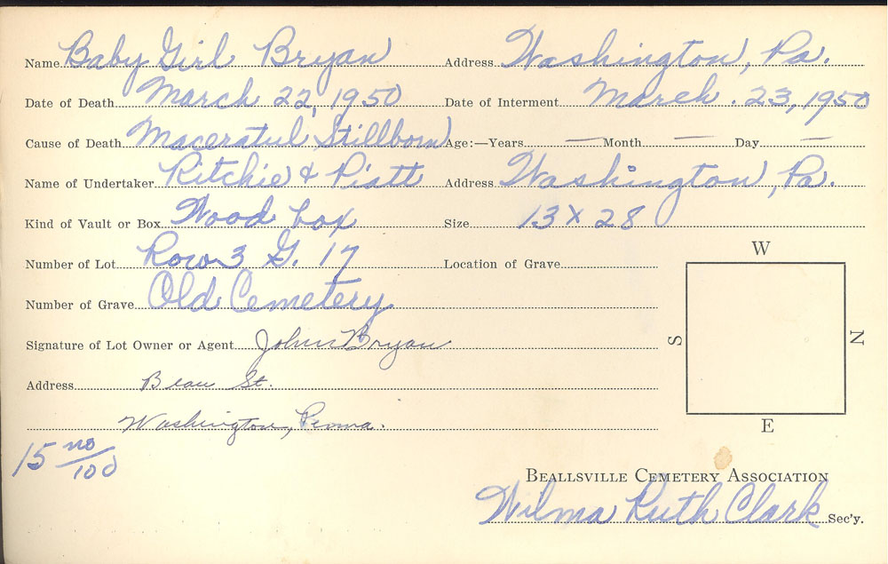 Baby Girl Bryan burial card